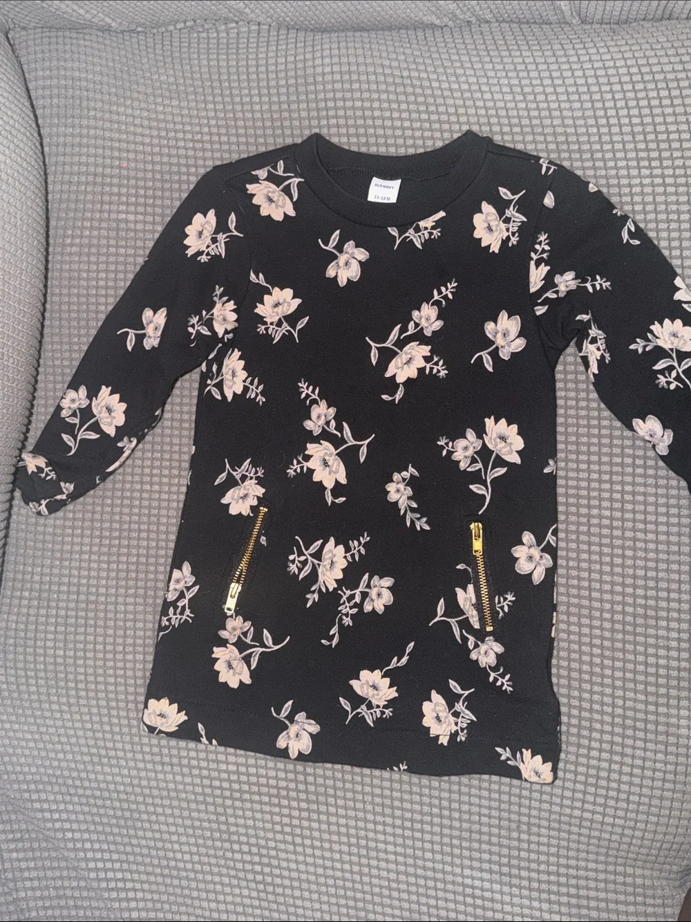 Old Navy Black Long-Sleeve Floral Top with Gold Zipper Detail
